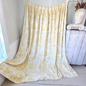 100x100 Vintage French Chinoiserie Curtain Panel Yellow White Linen Fabric  Pleated Unique Window Drapery drapes country farmhouse shabby