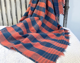 75x75 Antique red blue homespun blanket check primitive hand woven textile American historical textile country cottage shabby interior wool