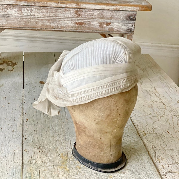 French antique Edwardian Coiffe Grisette Grand Bonnet Traditional Quilted Hat white chintz Regency headdress