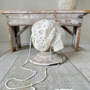 French antique bonnet Tulle white lace needlework embroidered embroidery Coiffe tambour 19th century wall art woman&#39;s bun fashion history