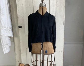 Black Wool Rayon Blouse Pleated Blouse Black Blouse Collared Shirt Boho steampunk eco-friendly