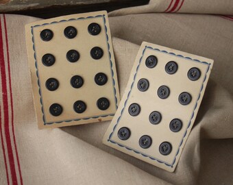 Pair of Two French Vintage Button Cards with 24 Black Plastic Buttons Boutons Lot Set with Antique Blue Borders