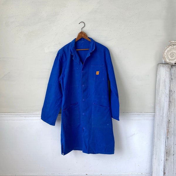 Vintage Jacke Französisch Lang Preussisch Blau Laborkittel Kleidung 1950er Jahre Laborantik Malerin Die Textile Badehose Küstenheim umweltfreundlich