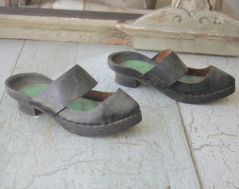 Antique French Shoes Heels Black Leather Wooden Soles Clogs Sandals Display Pair NPI Semelle's de Galoches peasant primitive