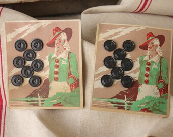 Pair of Two French Vintage Button Cards with 16 Black Plastic Buttons from Lyon with Great Graphic 1950s Card Art Lot Set