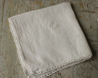 1 Single Antique French Tea Towel Napkin white floral damask TR monogram 1920s cotton