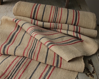 Grain sack Fabric Black or Dark Blue and Red Stripe 14 Yards Bolt Antique homespun linen hemp