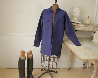 Shirt Blue Heavy cotton or light jacket Vintage French Work wear long button up Sanfor workwear