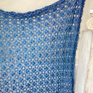 Blue dyed Antique 1900s French crocheted textile Crochet bed cover farmhouse upcycled cottage  The Textile Trunk Coastal home  eco-friendly