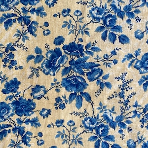 Antique Blue Chintz Curtain French 1850 Lightly Glazed Cotton Prussian Blue Vine Blossom Picotage Ground Floral Large Panel Coastal home