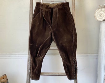 31 inch waist 1940s Vintage French 9 wale corduroy Pants trousers chocolate brown lace up calf button fly The Textile Trunk workwear
