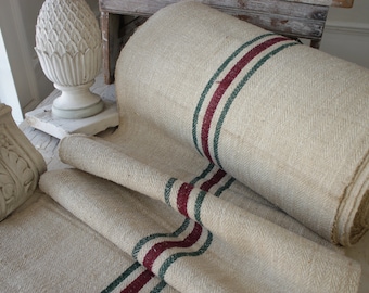 Christmas Heavy Hemp Antique Fabric Stair runner Red and Green Stripes Antique homespun linen with herringbone weave by the yard