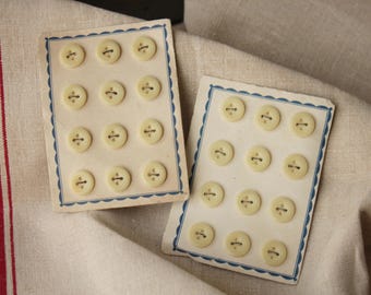 Pair of Two French Vintage Button Cards with 24 Off White Plastic Buttons Boutons Lot Set