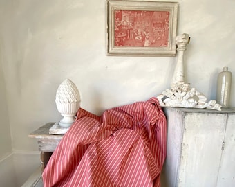 Distressed Antique French Fabric Ticking Striped Material salmon dusty pink 1900 linen and cotton eco-friendly