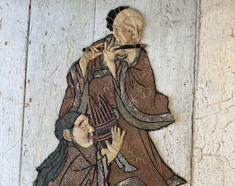 RARE Japanese Meiji period Embroidery Pieces Musician Characters Silk Embroidery Japan applique textile handmade unique musical instrument
