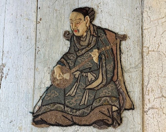RARE Japanese Meiji period Embroidery Pieces Musician Characters Silk Embroidery Japan applique textile handmade unique musical instrument