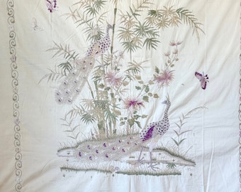 78x61  Antique Piano Shawl Chinese embroidered wall hanging mural bed cover curtain textile 19th century Embroidery RARE peacock bedcover