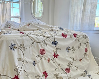 103x88  AGED timeworn Crewelwork curtain  bedcover tapestry Indian wool embroidery embroidered  handmade Unique full queen twin coverlet