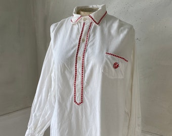 Vintage French Cotton Night Shirt 1940s Nightgown soft with red trim tunic dress vintage pajamas gown collar
