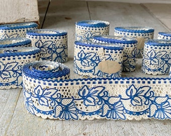 1 Multiples available Vintage French wallpaper border paper lace with blue design natural upcycled roll Coastal home  eco-friendly