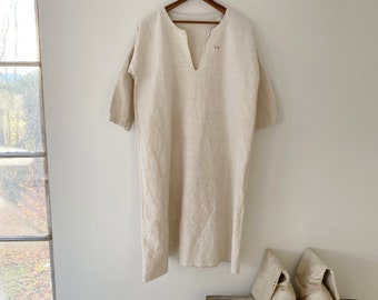 Natural linen chemise VB Monogram shirt French nightgown hand woven linen work shirt vintage workwear work wear The Textile Trunk