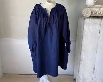 French Indigo Linen Chemise, Workwear Shirt, Artist Smock