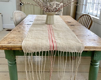 Modern Farmhouse Table Runner hemp hand woven red stripe LOOM TIES  hand woven grain sack fabric old material The Textile Trunk