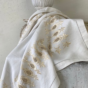 32 X 32 GORGEOUS antique French tablecloth lace details gold white eco-friendly