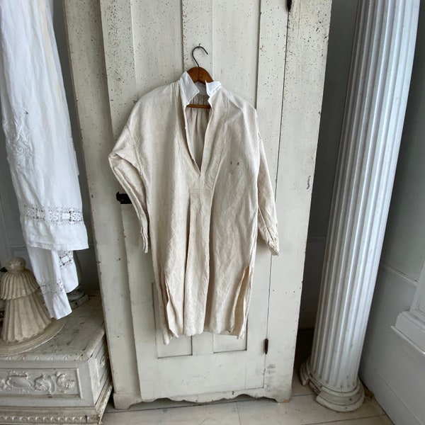 French Chemise LB Monogram Night Shirt Tunic French Linen White Hemp and Cotton Nightgown Work wear mid 1800s Workwear