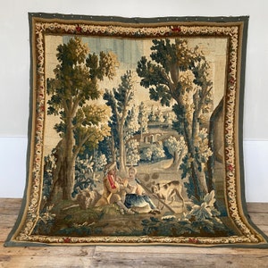 89 X 100 French 18th century Aubusson Tapestry hand woven wall hanging 1700&#39;s  romantic dog scene Verdure The Textile Trunk eco-friendly