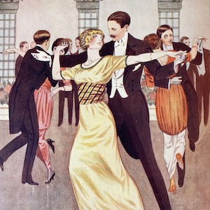 May include: An illustration of a ballroom scene with couples dancing. The central couple is in a waltz pose, the woman in a yellow dress with a plaid belt. The men wear tuxedos. The artwork has a vintage style with soft colors.