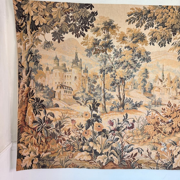 78X49 Tapestry 1920's Jacquard weave muted tones wall hanging mural French countryside country