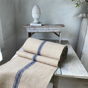 Stair runner heavy hemp Grain sack Fabric by the yard blue stripes twill weave Antique homespun linen Coastal home  eco-friendly