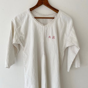 LARGE AMAZING Antique French chemise work shirt AB monogram medium beautiful collar weight beautiful white textile workwear clothing clothes
