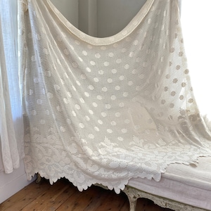 82X112 Vintage French crochet Lace curtain, throw coverlet bed cover white textile country cottage queen sized size Polka dot