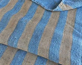 Grain Sack Linen Blue Indigo stripes Fabric Feedsack Rustic Grainsack Vintage bag hemp striped textile European washed Fabric