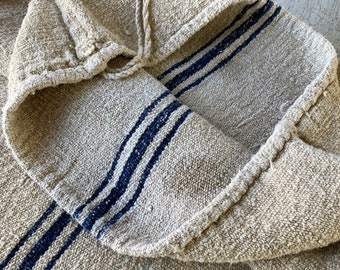 Grain Sack Linen Blue Indigo stripes Fabric Feedsack Rustic Grainsack Vintage bag hemp striped textile European washed Fabric