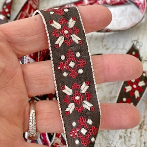 Cinta de encaje floral vintage francesa roja y blanca de los años 30, ecológica