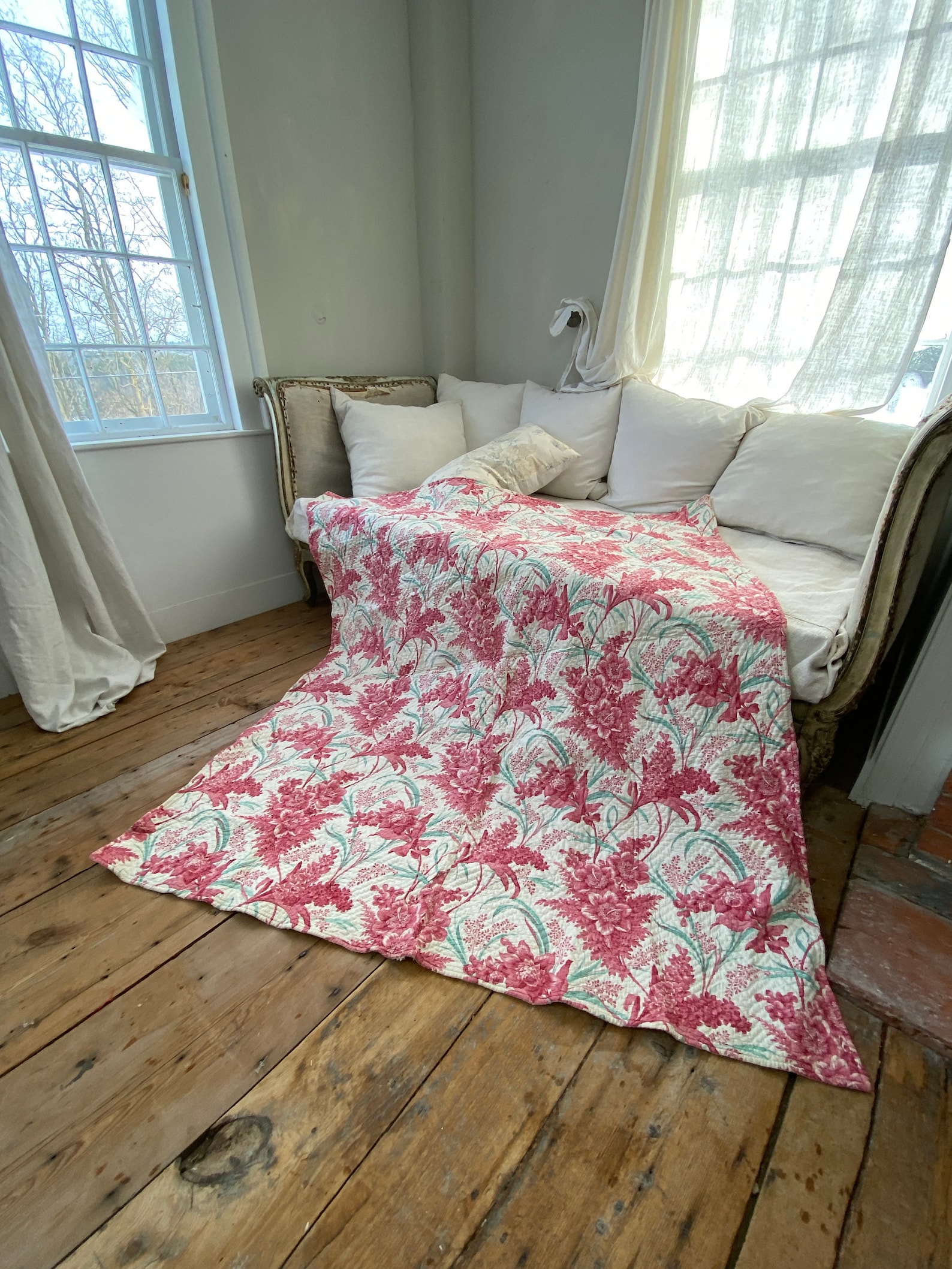 1870 SEAFOAM GREEN Pink Antique French Quilt Boutis Textile Etsy