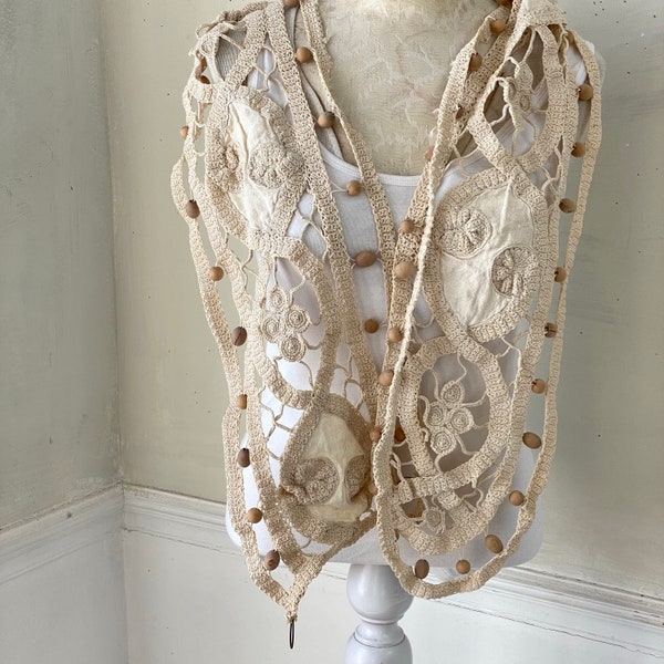 French vintage Lace handmade crochet curtain SCARF textile  interiors clothing woman's clothes The Textile Trunk ~Unique window treatment