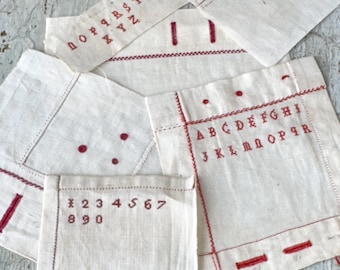 1930年代のアンティークフランス製サンプラー - 手縫いのサイン入り