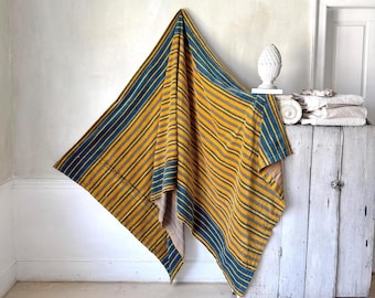 3.1yd c1910 Antique French Striped Velvet Golden Yellow Teal Heavy Weight Upholstery Textile Chateau Decor Rustic Home Shabby Cottage Art