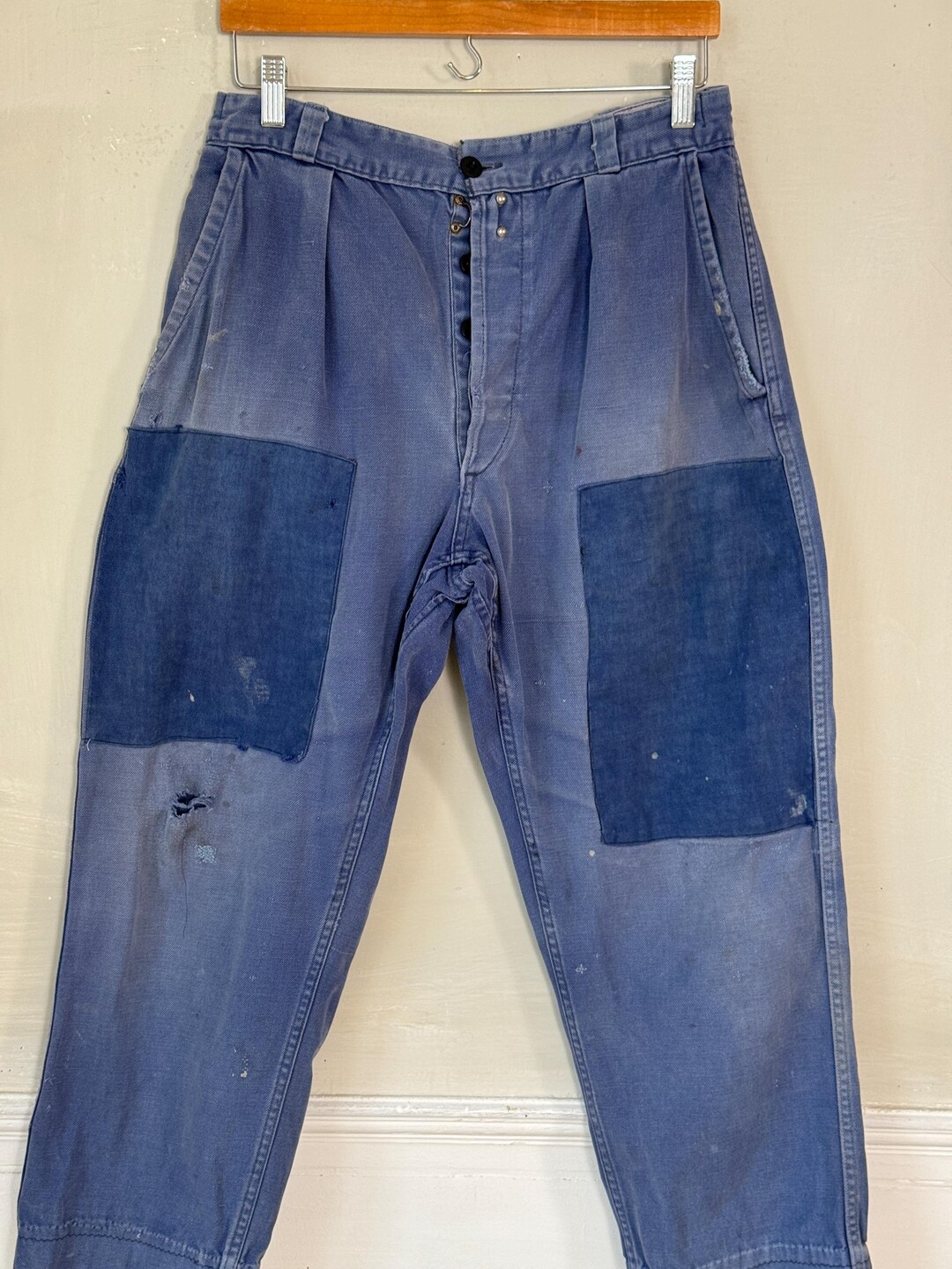 32 French Vintage Blue Workwear Pants Trousers Distressed Patched