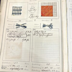 May include: A page from a vintage textile notebook with handwritten notes and calculations. The page includes a sample of a woven fabric with a red and white pattern, a sample of a woven fabric with a blue and white pattern, and a description of the fabric's properties, including the thread count, weave, and material.