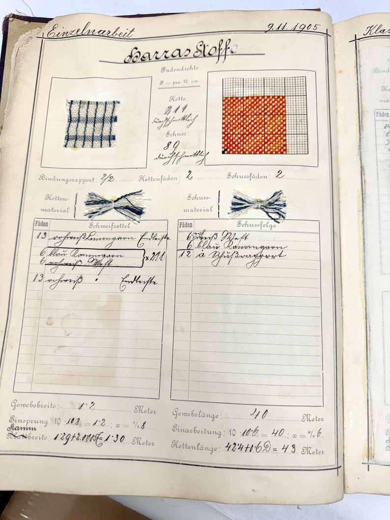 May include: A page from a vintage textile notebook with handwritten notes and calculations. The page includes a sample of a woven fabric with a red and white pattern, a sample of a woven fabric with a blue and white pattern, and a description of the fabric's properties, including the thread count, weave, and material.