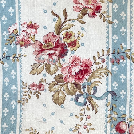 アンティーク フランス製 Ciel de Lit の花柄とリボンのストライプ柄 