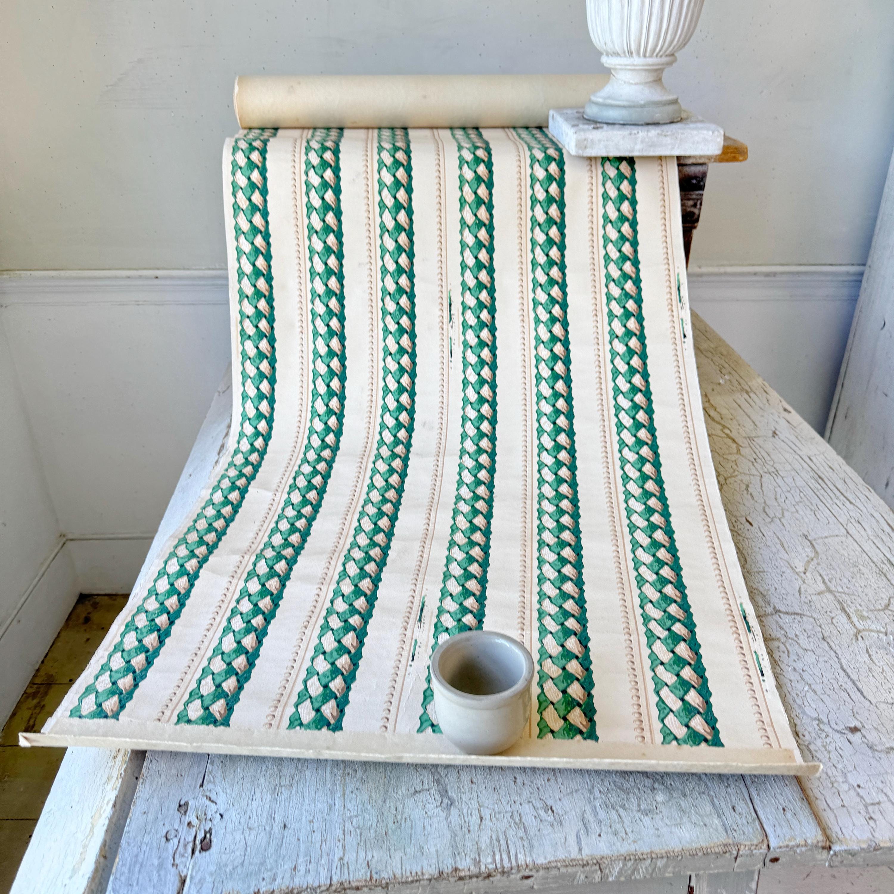 1940's  5.5 yd (11 avail) French gold white vintage wallpaper handmade unique farmhouse English country  cottage shabby decor style