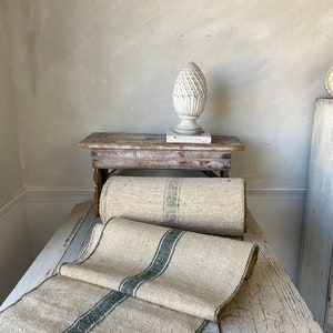 Stair Runner Heavy Hemp Grain Sack Fabric by the yard with Green Stripes herringbone Weave Antique Linen image 5