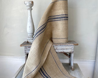 Cottagecore Organic Stair / Table Runner Hemp Grain Sack Fabric BLUE  stripes  Striped Antique Vintage Cottage   Textile Trunk