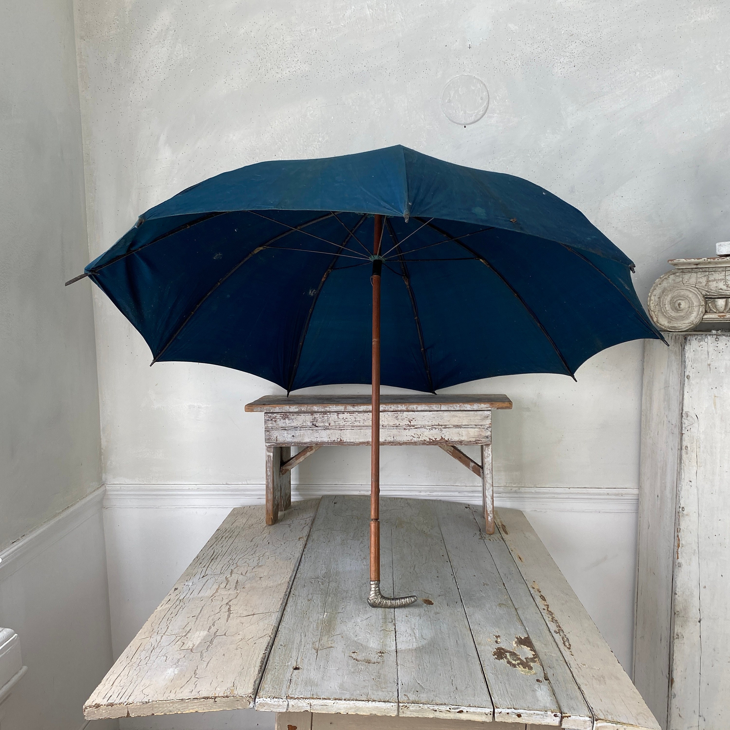 Silver Tip Antique Shepherd's Umbrella French Parasol Indigo Blue